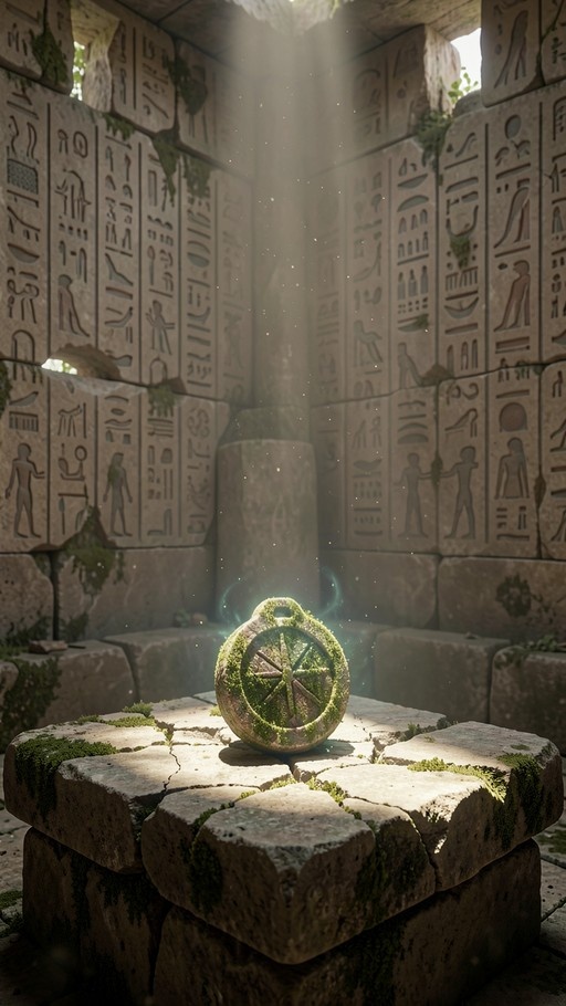 A moss-covered circular stone object resembling a compass sits on a cracked stone block in an ancient ruin with hieroglyphic walls and sunbeams.