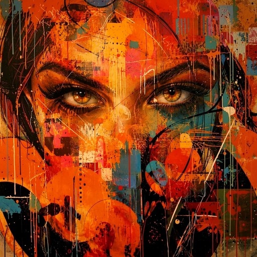 A close-up abstract portrait of a woman with black hair and yellow eyes, rendered in vibrant orange and teal graffiti-style paint splatters and drips.