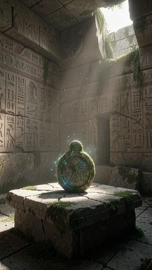 A glowing moss-covered stone artifact sits on a cracked pedestal in an ancient room with hieroglyphic walls and sunbeams.
