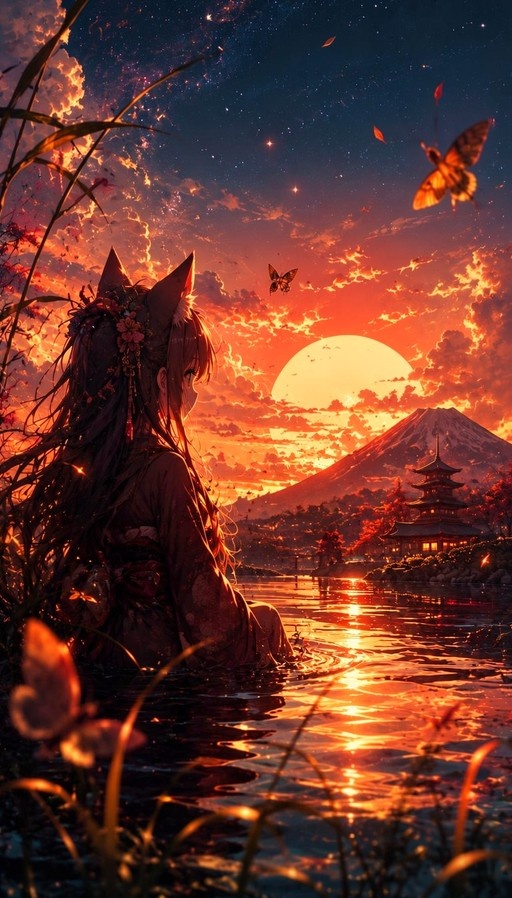 A fox-eared girl in a kimono sits in water watching a vibrant orange sunset over a mountain and pagoda with butterflies flying nearby.