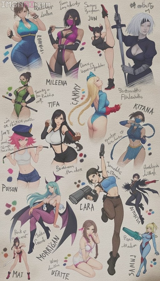 Colored pencil sketch sheet of female video game characters including Chun-Li, Tifa Lockhart, and Samus Aran with handwritten labels.