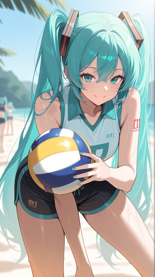 Hatsune Miku with long teal twintails holds a blue and yellow volleyball while wearing a white sleeveless jersey and black shorts on a sunny beach.
