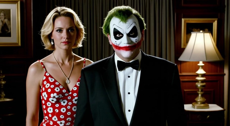 A man dressed as the Joker in a black suit and bowtie stands next to a blonde woman in a red floral dress, gesturing with his hands while she looks on.