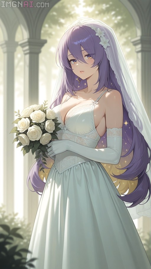 A digital illustration of Moona Hoshinova in a white wedding dress holding a bouquet of white roses under an archway