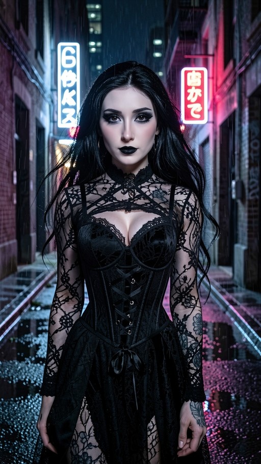 A woman with long black hair and black lipstick wearing a black lace corset dress stands in a rainy alleyway illuminated by red and blue neon signs.