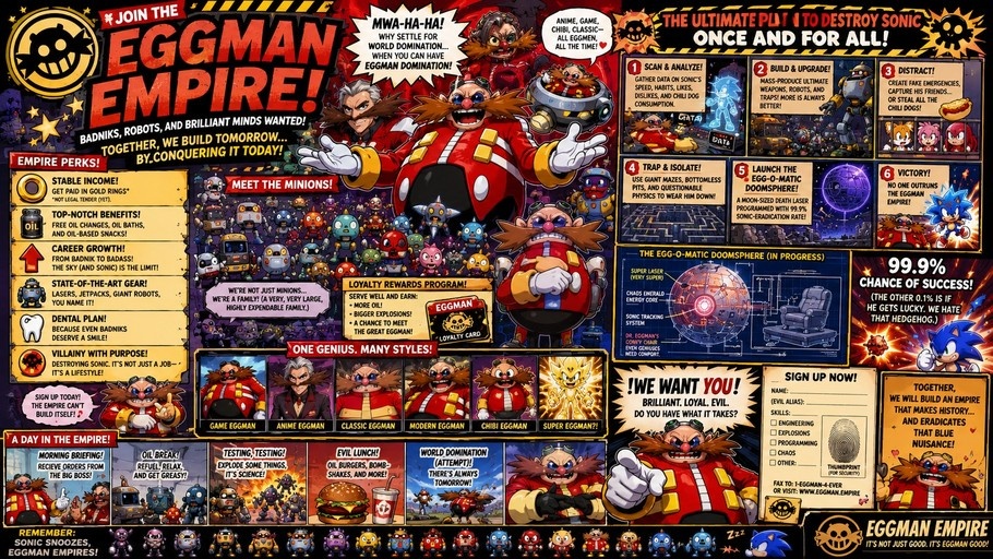 A colorful recruitment poster for the EGGMAN EMPIRE featuring Dr. Eggman in various styles, listing perks like gold rings and dental plans, with a goal to destroy Sonic.