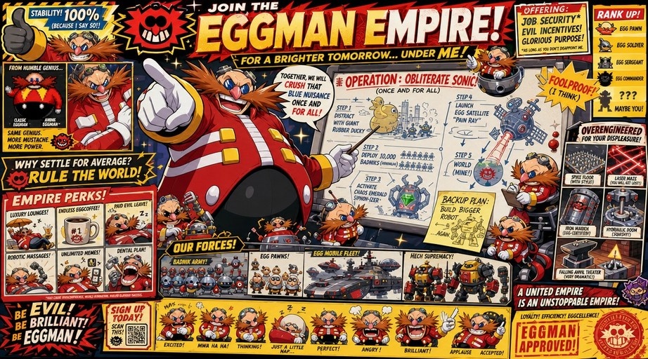 Dr. Eggman pointing forward in a red coat, surrounded by comic panels showing his empire perks and robot army.