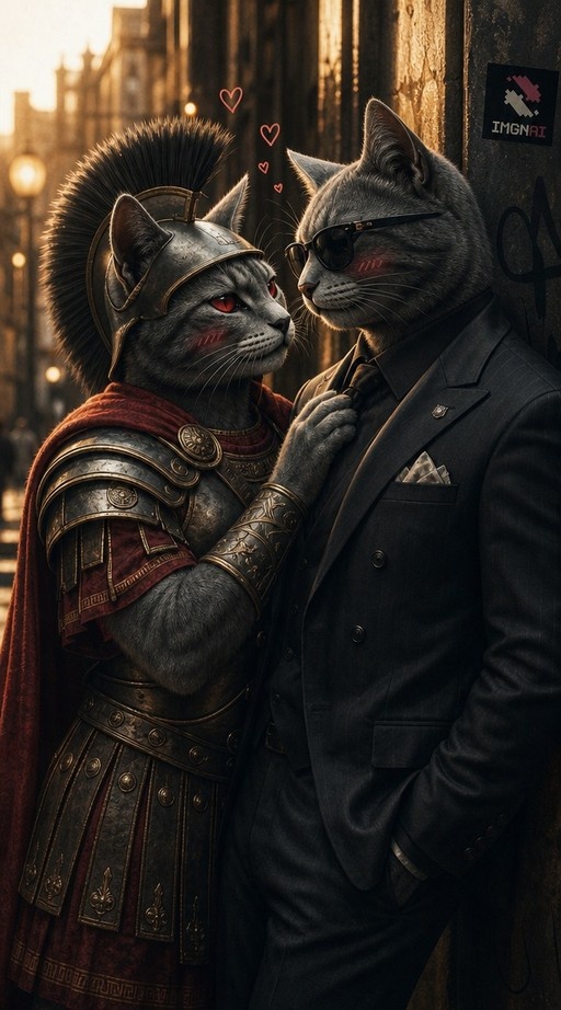 Two grey anthropomorphic cats standing close together on a city street; one wears Roman-style armor and a helmet while the other wears a black suit and sunglasses, gazing at each other with floating hearts above them.