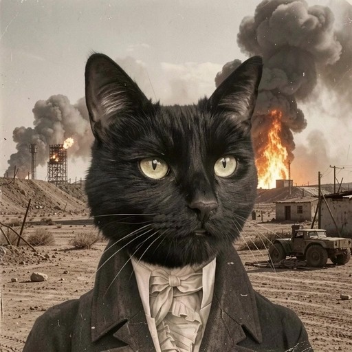 A black cat wearing a suit and bowtie stands in the foreground while explosions and military vehicles appear in a desert war zone background with other cats running nearby.