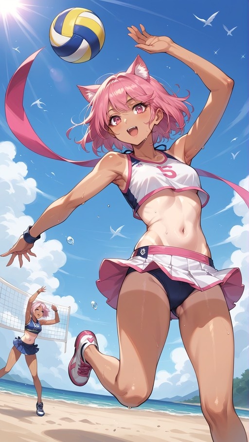 A pink-haired anime girl with cat ears jumps to hit a volleyball on a sunny beach while wearing a white sports top and pleated skirt.
