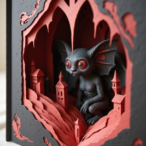 A small grey gargoyle with large red eyes and bat wings sits inside a layered paper-cutout diorama featuring miniature red castle towers and dark arches.