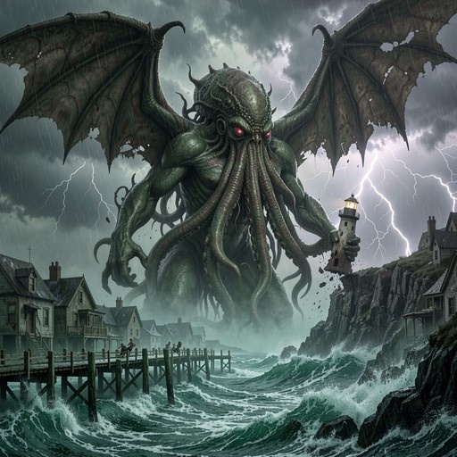 A large green monster with tentacles and wings holds a lighthouse in a stormy sea.