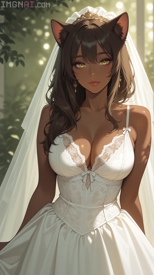 A digital illustration of a dark-skinned woman with brown hair and cat ears wearing a white lace wedding dress and veil, looking directly at the viewer with golden eyes against a blurred outdoor background.