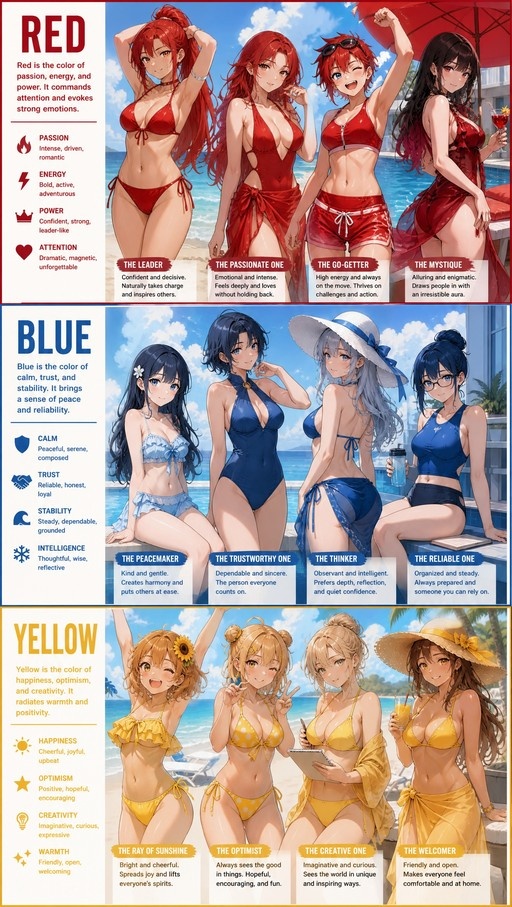 A vertical infographic divided into three sections showing anime women in red, blue, and yellow swimsuits representing different personality traits like passion, calmness, and optimism.