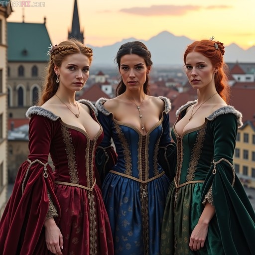 Three women in red, blue, and green medieval velvet dresses standing together outdoors at sunset