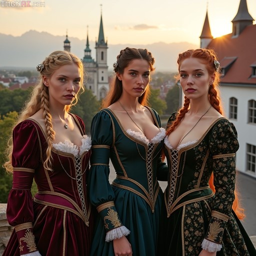 Three women in Renaissance gowns standing on a terrace with city spires and mountains behind them.