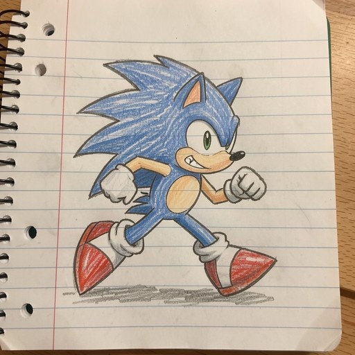 A colorful pencil drawing of Sonic the Hedgehog running on lined notebook paper