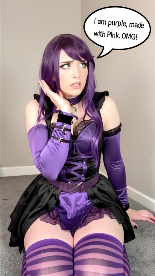 A cosplayer dressed as Mal from Descendants kneels on the floor wearing a purple and black outfit with striped socks, looking surprised next to a speech bubble that says "I am purple, made with Pink. OMG!"