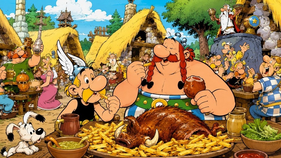 Colorful illustration of Asterix and Obelix dining on a whole roasted boar and fries with Dogmatix in a bustling Gaulish village.