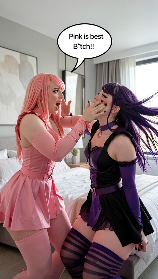 A pink-haired cosplayer in a pink dress grabs the face of a purple-haired cosplayer wearing a black and purple outfit with striped thigh highs while shouting "Pink is best B'tch!!" in a speech bubble.