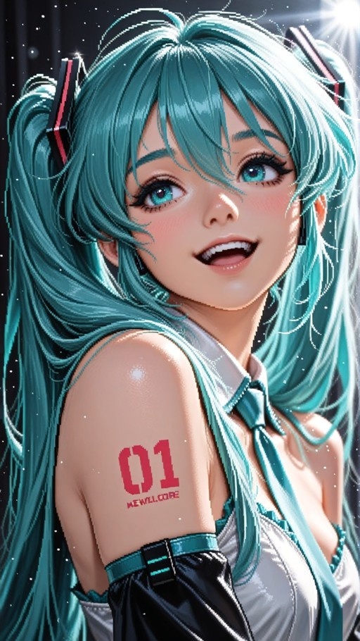 A pixel-art style portrait of Hatsune Miku smiling with teal twin-tails and a red '01' tattoo on her arm.