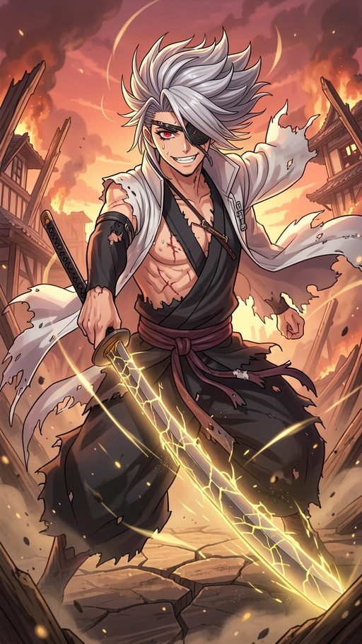 A full-body illustration of an anime-style male swordsman with spiky white hair and an eyepatch, wearing torn black and white clothing, holding a glowing yellow katana in front of a burning village at sunset.