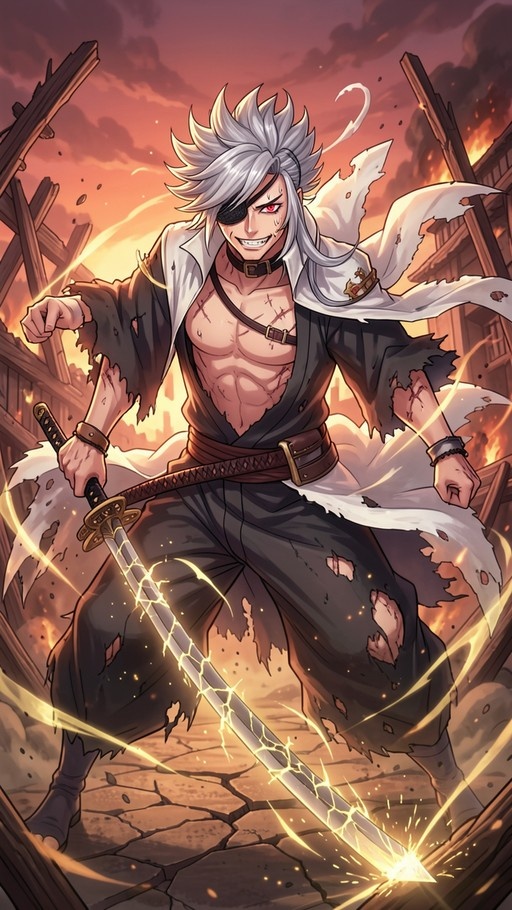 Anime illustration of Ryomen Sukuna with white hair and an eyepatch, holding a lightning-infused katana in a ruined battlefield.