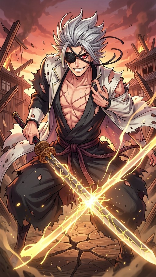 Kenpachi Zaraki from Bleach wielding a lightning-infused katana amidst burning ruins, wearing his signature eyepatch and torn haori