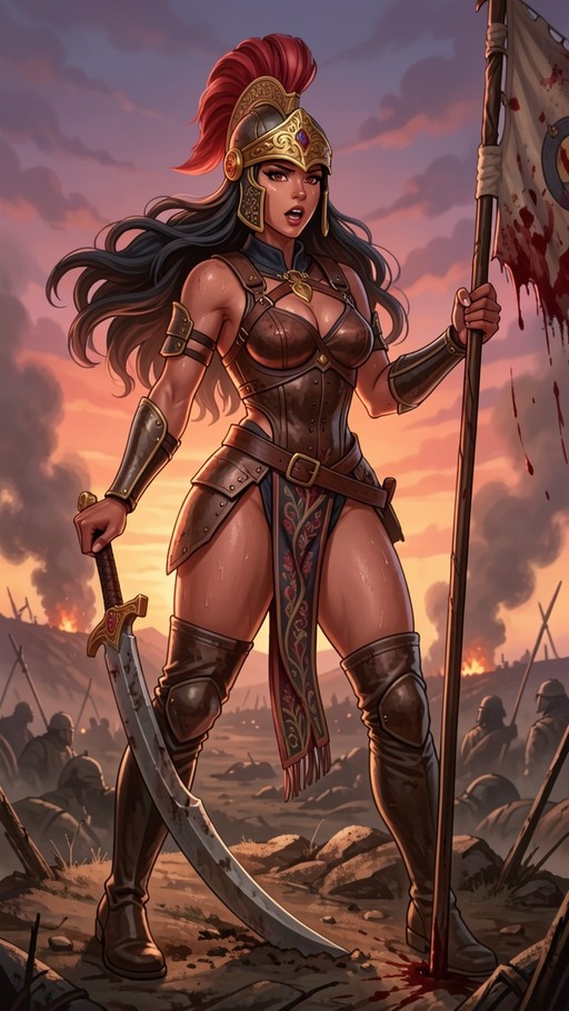 A dark-skinned female warrior in golden helmet and brown armor stands on a battlefield at sunset, holding a curved sword and a blood-stained flag.