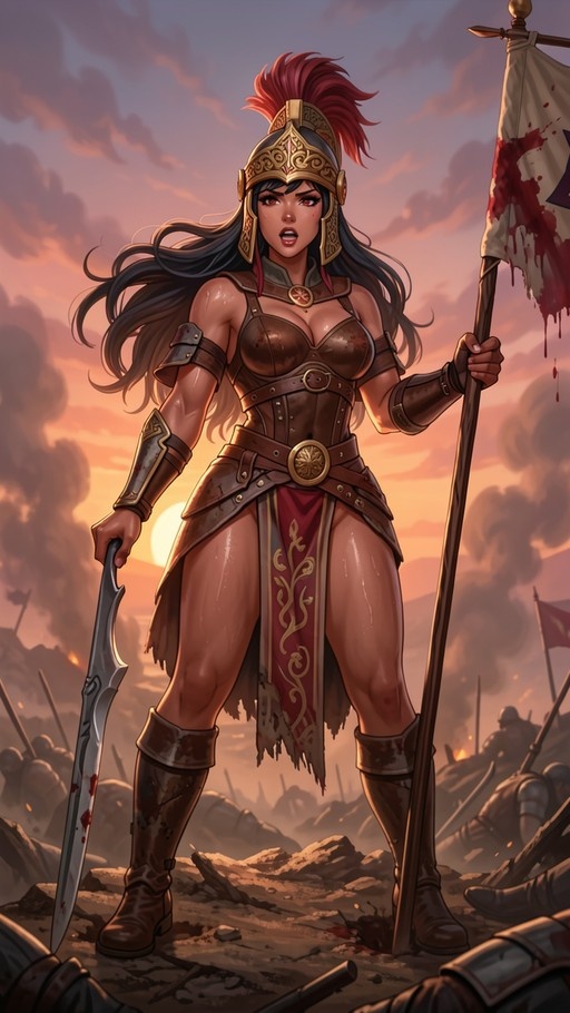 A full-body digital illustration of a dark-skinned female warrior with long black hair and red eyes, wearing golden armor and a plumed helmet, standing on a battlefield at sunset holding a sword and a flag.