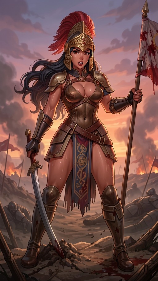 A full-body digital illustration of a dark-skinned female warrior with long black hair and red eyes, wearing ornate golden armor and a plumed helmet. She stands on a battlefield at sunset holding a sword in one hand and a blood-splattered flag in the other, with fires burning and fallen soldiers in.