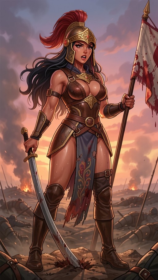A dark-skinned woman in a golden helmet and brown armor stands on a battlefield holding a sword and a bloody white flag.