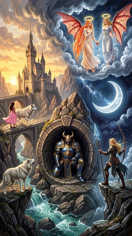 A fantasy scene featuring winged angels in a starry sky above a horned knight and an elf archer near a waterfall and castle.
