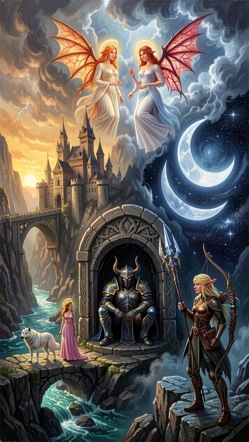 A fantasy illustration of a castle on a cliff with a split sky, featuring floating winged figures, an elven archer holding a bow, a seated armored knight, and a woman standing next to a white wolf.