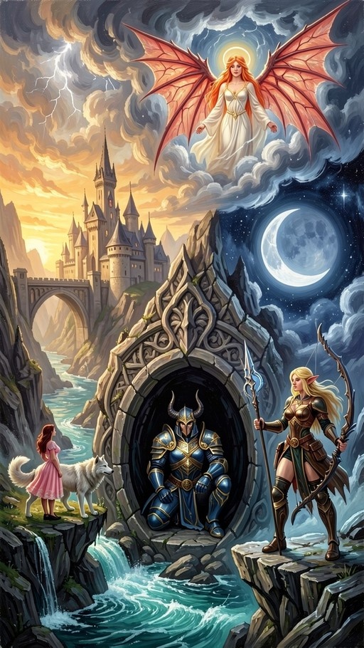 A fantasy painting showing a split scene with a girl and wolf on the left in daylight, an elf archer on the right at night, a horned knight in the center, and a winged figure above.
