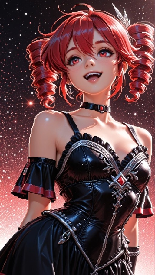 Pixel art portrait of Kasane Teto in a black dress against a starry sky