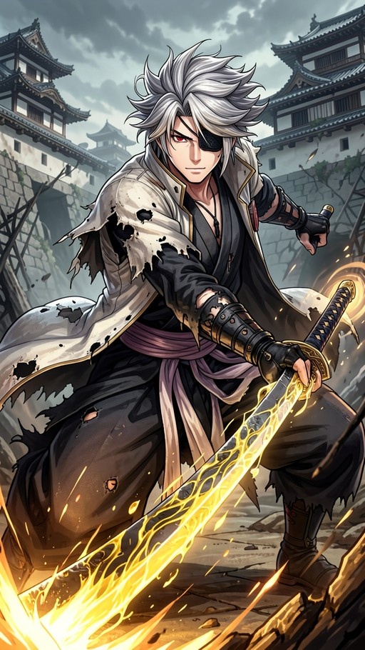 An anime-style illustration of a male samurai with spiky white hair and an eyepatch over his left eye. He wears a tattered white coat and holds a katana engulfed in golden flames, standing before traditional Japanese castles under a cloudy sky.
