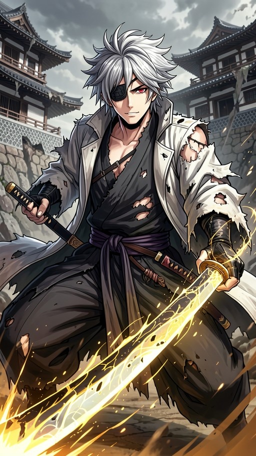 A full-body shot of an anime-style male warrior with spiky white hair and a black eyepatch over his left eye. He wears a tattered white coat and holds a glowing yellow katana in a combat stance against a backdrop of traditional Japanese buildings.