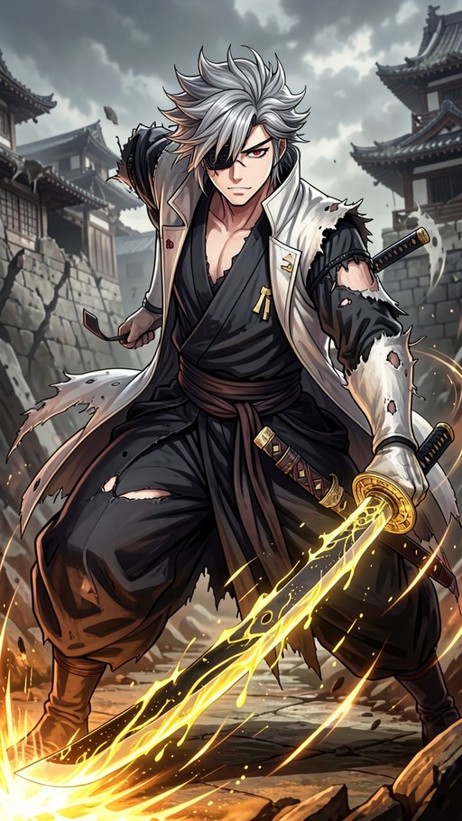 A full-body digital illustration of an anime-style male warrior with spiky grey hair and an eyepatch, wearing torn black and white clothing and holding a glowing yellow sword in front of traditional Japanese buildings.
