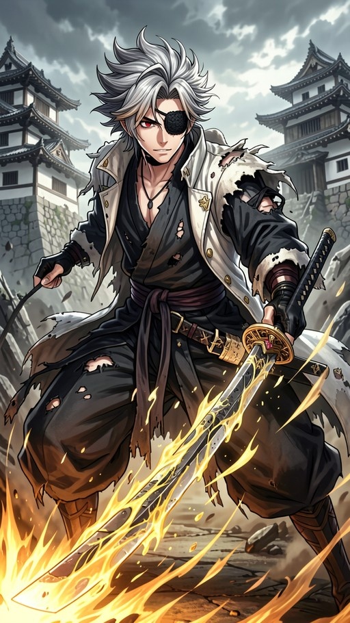 Anime-style warrior with white hair and an eyepatch wielding a flaming katana before traditional Japanese architecture.