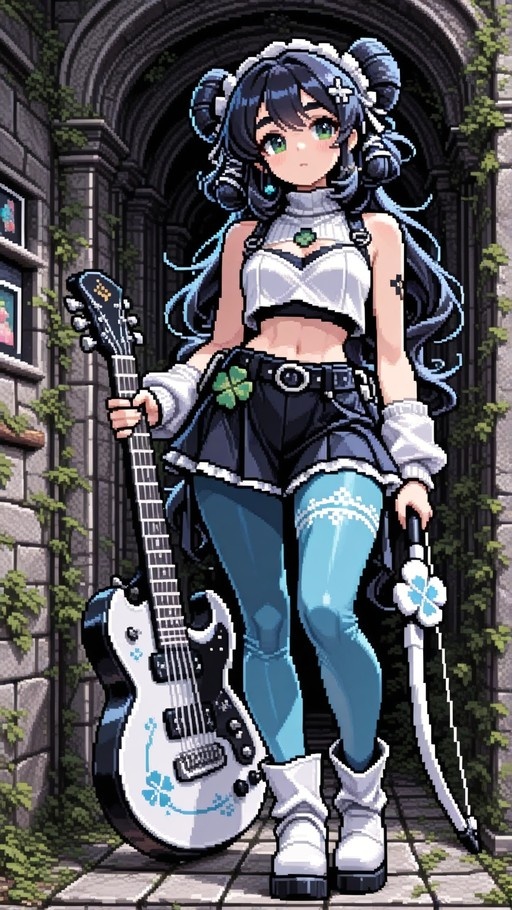 A pixel art girl with blue twin buns holding an electric guitar and a microphone stand in front of stone ruins.