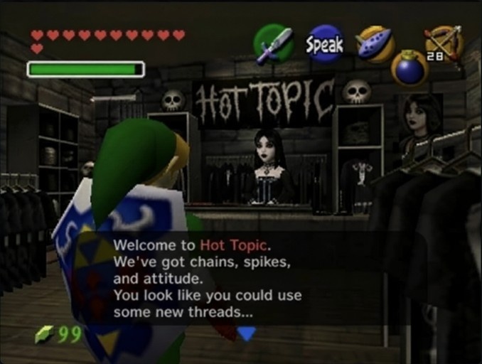 Link from The Legend of Zelda stands inside a Hot Topic clothing store, facing a goth girl behind the counter, with an N64-style user interface and dialogue box visible.