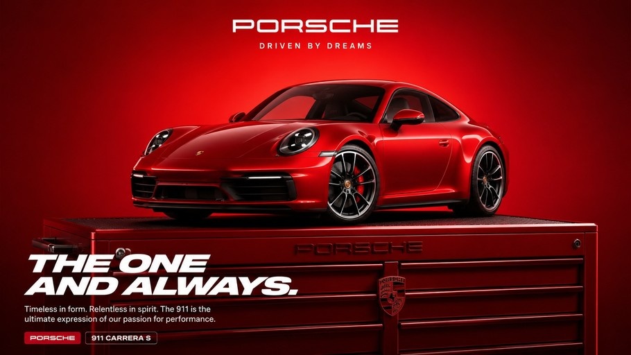 A red Porsche 911 Carrera S parked on a large red toolbox against a solid red background with campaign text.