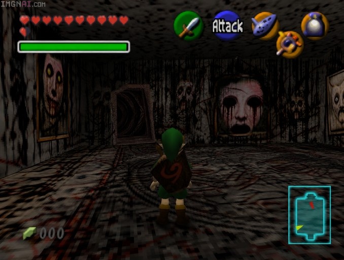 Link stands with his back to the viewer in a dark, blood-splattered dungeon room featuring large, eerie portraits on the walls, overlaid with a classic Nintendo 64 game interface.