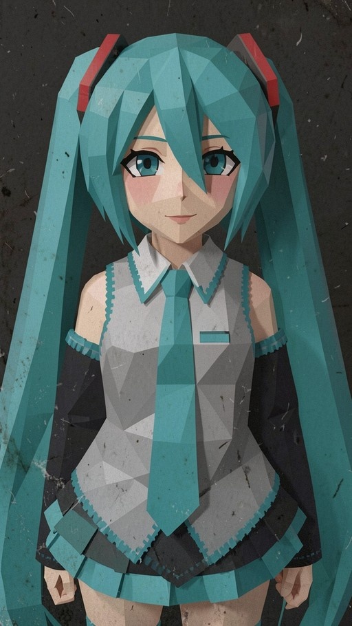 Low-poly digital illustration of Hatsune Miku featuring teal twin-tails, red hair ties, and a geometric school uniform.