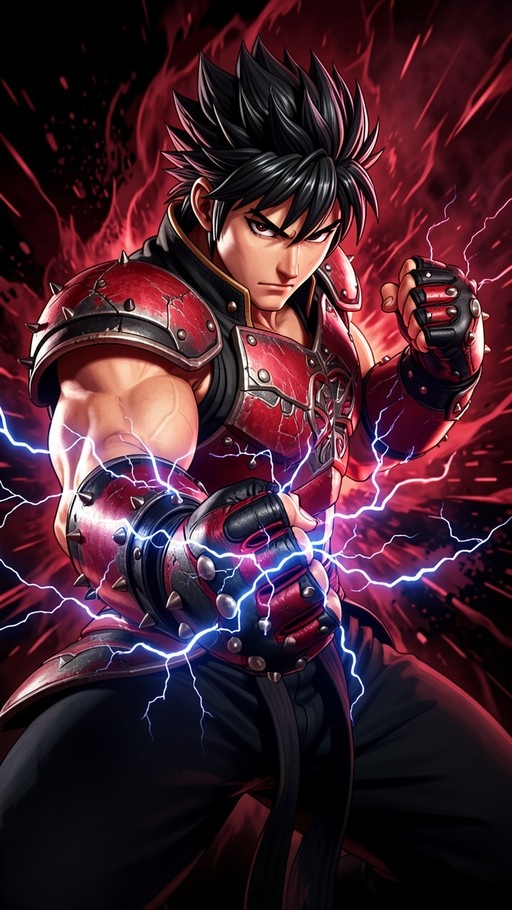 Digital illustration of Devil Jin from Tekken in red spiked armor, surrounded by blue lightning.