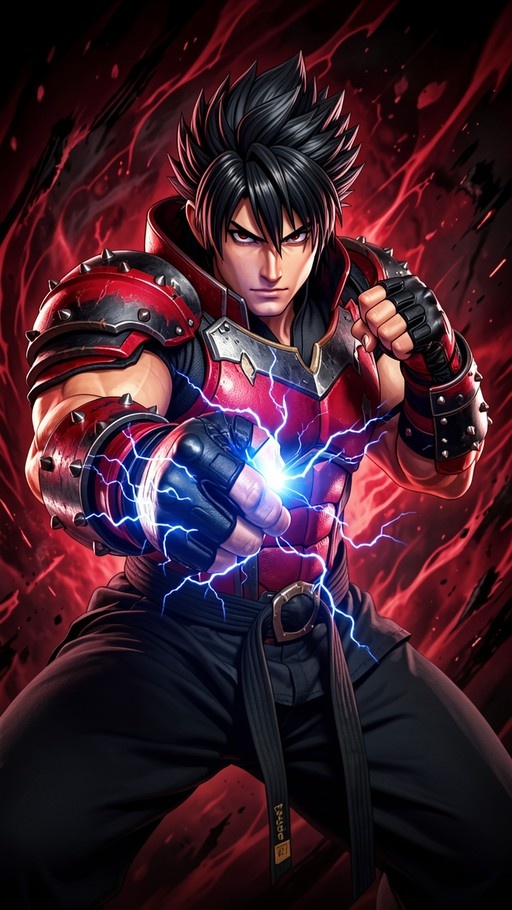 A muscular anime-style man with spiky black hair and red eyes wears spiked red armor and generates blue lightning from his fist.