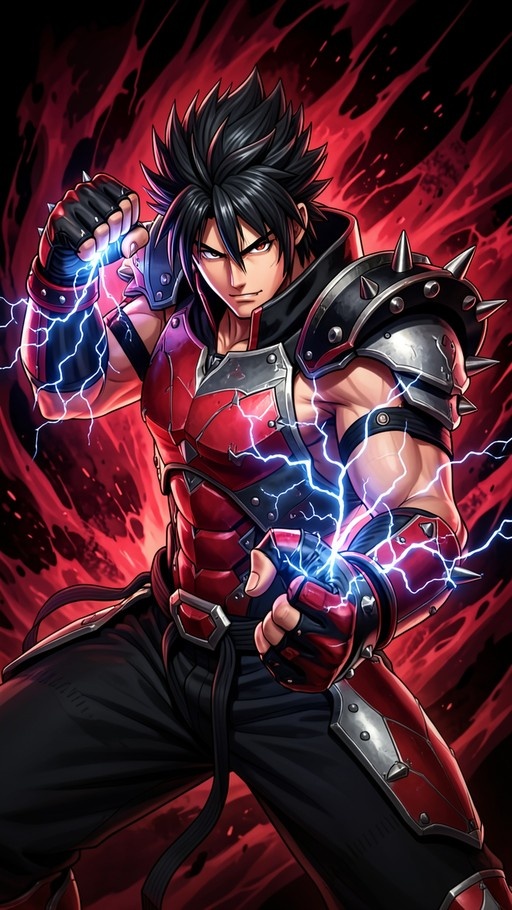 A muscular anime warrior with spiky black hair and red spiked armor crackling with blue electricity.