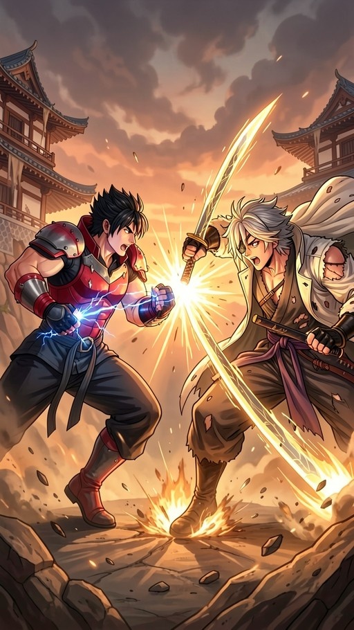 Two anime warriors duel in an eastern courtyard; one with black hair and red armor uses electric powers while the other with silver hair wields a glowing sword.