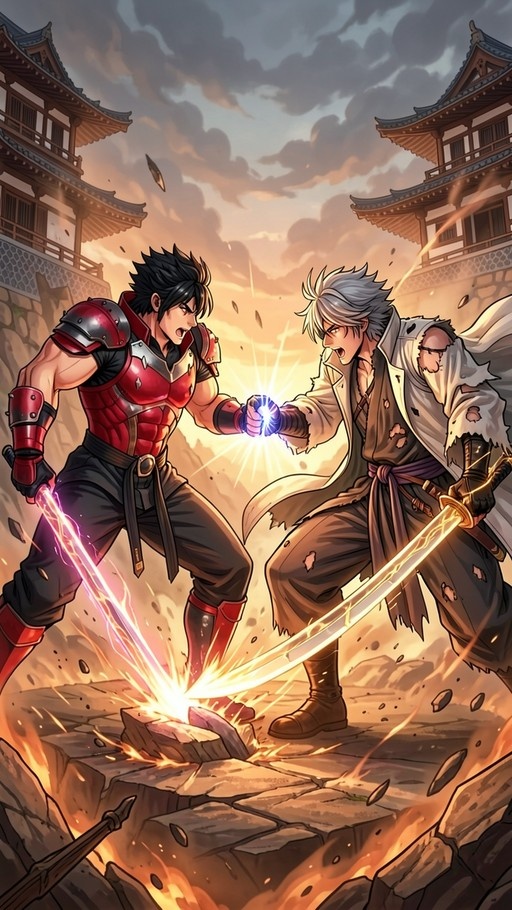 Two anime male characters fighting with glowing swords in front of a Japanese temple.